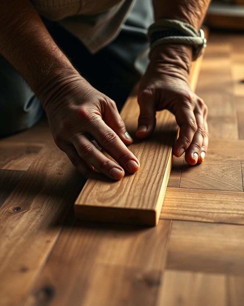 Handwerker legt eine Parkettdiele